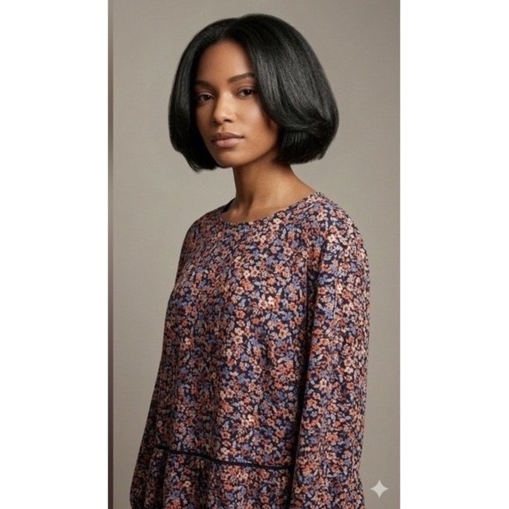 J. Jill Womens Floral Smocked Back Tiered Tunic Top Orange Blue Black‎ Large